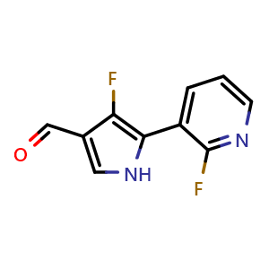 Chemical structure of 4-Fluoro-5-(2-fluoro-3-pyridyl)pyrrole-3-carbaldehyde , CAS 1055306-32-5, AChemBlock V149210