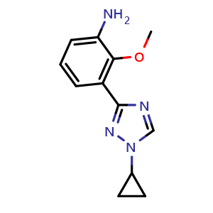 Chemical structure of 3-(1-Cyclopropyl-1H-1,2,4-triazol-3-yl)-2-methoxyaniline , CAS 2457365-98-7, AChemBlock V149608