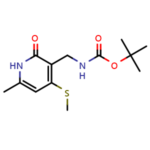 Chemical structure of 3-[(Boc-amino)methyl]-6-methyl-4-(methylthio)pyridin-2(1H)-one , CAS 2326563-30-6, AChemBlock V149650