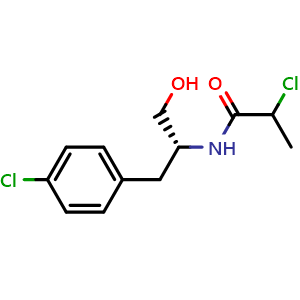 Chemical structure of 2-Chloro-N-[(R)-1-(4-chlorophenyl)-3-hydroxy-2-propyl]propanamide , CAS 2845120-25-2, AChemBlock V149714