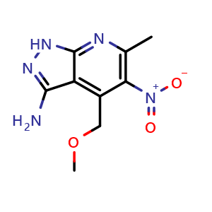 Chemical structure of 3-Amino-4-(methoxymethyl)-6-methyl-5-nitropyrazolo[3,4-b]pyridine , CAS 59225-09-1, AChemBlock V149740