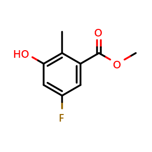Chemical structure of Methyl 5-Fluoro-3-hydroxy-2-methylbenzoate , CAS 1369805-60-6, AChemBlock V149766