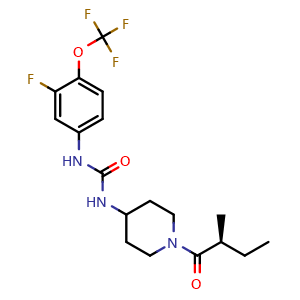 Chemical structure of (S)-1-[3-Fluoro-4-(trifluoromethoxy)phenyl]-3-[1-(2-methylbutanoyl)-4-piperidyl]urea , CAS 1809885-32-2, AChemBlock V149858
