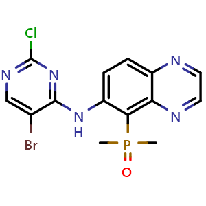 Chemical structure of [6-[(5-Bromo-2-chloro-4-pyrimidinyl)amino]-5-quinoxalinyl]dimethylphosphine Oxide , CAS 2267331-23-5, AChemBlock V149872