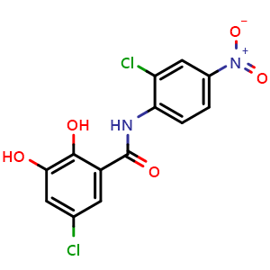 Chemical structure of 5-Chloro-N-(2-chloro-4-nitrophenyl)-2,3-dihydroxybenzamide , AChemBlock V149882