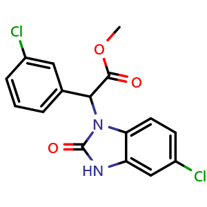 Chemical structure of Methyl 2-(5-Chloro-2-oxo-2,3-dihydro-1-benzimidazolyl)-2-(3-chlorophenyl)acetate , AChemBlock V149894