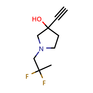 Chemical structure of 1-(2,2-Difluoropropyl)-3-ethynylpyrrolidin-3-ol , CAS 2161896-80-4, AChemBlock V149906