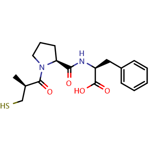 Chemical structure of (S)-2-[(S)-1-((S)-3-Mercapto-2-methylpropanoyl)pyrrolidine-2-carboxamido]-3-phenylpropanoic Acid , CAS 74259-08-8, AChemBlock V149925