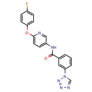 Chemical structure of N-[6-(4-Fluorophenoxy)-3-pyridyl]-3-(1-tetrazolyl)benzamide , CAS 1208949-25-0, AChemBlock V149947