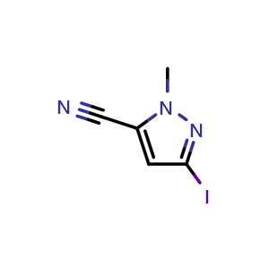 Chemical structure of 3-Iodo-1-methylpyrazole-5-carbonitrile , CAS 2710409-24-6, AChemBlock V149952