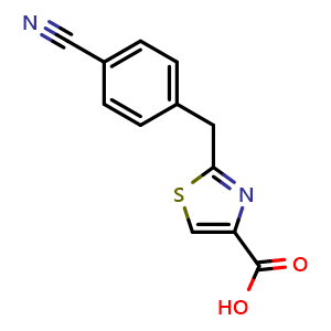 Chemical structure of 2-(4-Cyanobenzyl)thiazole-4-carboxylic Acid , CAS 2253525-96-9, AChemBlock V149965