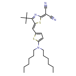 Chemical structure of (Z)-2-[4-(tert-Butyl)-5-[[5-(dihexylamino)thiophen-2-yl]methylene]thiazol-2(5H)-ylidene]malononitrile , CAS 2254409-24-8, AChemBlock V149976