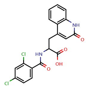 Chemical structure of 2-(2,4-Dichlorobenzamido)-3-(2-oxo-1,2-dihydroquinolin-4-yl)propanoic Acid , CAS 90098-67-2, AChemBlock V149997