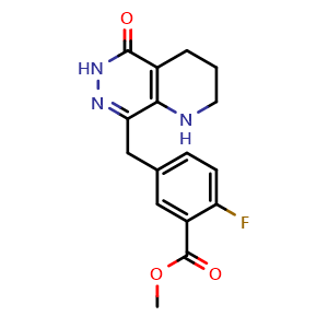 Chemical structure of Methyl 2-Fluoro-5-[(5-oxo-1,2,3,4,5,6-hexahydropyrido[2,3-d]pyridazin-8-yl)methyl]benzoate , CAS 1036403-28-7, AChemBlock V150015