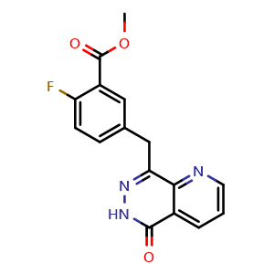 Chemical structure of Methyl 2-Fluoro-5-[(5-oxo-5,6-dihydropyrido[2,3-d]pyridazin-8-yl)methyl]benzoate , CAS 1036403-16-3, AChemBlock V150016