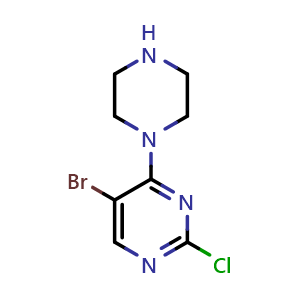 Chemical structure of 5-Bromo-2-chloro-4-(piperazin-1-yl)pyrimidine , CAS 1288991-81-0, AChemBlock V150032
