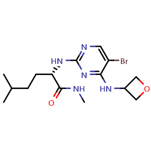 Chemical structure of (S)-2-[[5-Bromo-4-(oxetan-3-ylamino)pyrimidin-2-yl]amino]-N,5-dimethylhexanamide , AChemBlock V150034