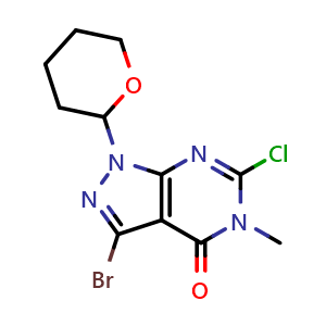Chemical structure of 3-Bromo-6-chloro-5-methyl-1-(tetrahydro-2H-pyran-2-yl)-1H-pyrazolo[3,4-d]pyrimidin-4(5H)-one , CAS 2409580-37-4, AChemBlock V150102