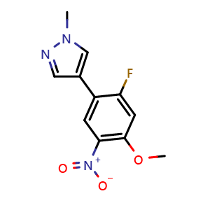 Chemical structure of 4-(2-Fluoro-4-methoxy-5-nitrophenyl)-1-methylpyrazole , CAS 2511713-93-0, AChemBlock V150159
