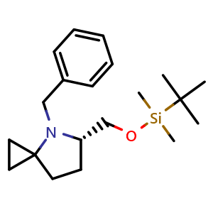 Chemical structure of (S)-4-Benzyl-5-[[(tert-butyldimethylsilyl)oxy]methyl]-4-azaspiro[2.4]heptane , CAS 1984825-21-9, AChemBlock V150227