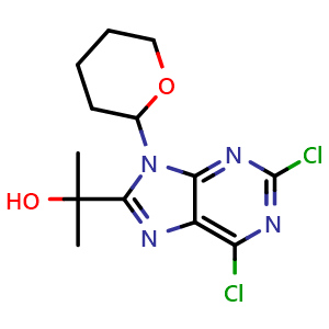 Chemical structure of 2-[2,6-Dichloro-9-(tetrahydro-2H-pyran-2-yl)-8-purinyl]-2-propanol , CAS 1382981-69-2, AChemBlock V150245