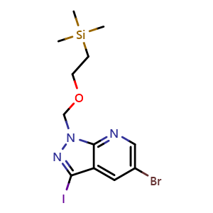 Chemical structure of 5-Bromo-3-iodo-1-[[2-(trimethylsilyl)ethoxy]methyl]pyrazolo[3,4-b]pyridine , CAS 875781-19-4, AChemBlock V150259