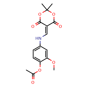 Chemical structure of 4-[[(2,2-Dimethyl-4,6-dioxo-1,3-dioxan-5-ylidene)methyl]amino]-2-methoxyphenyl Acetate , CAS 205448-73-3, AChemBlock V150270