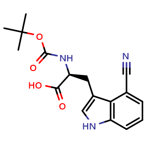 Chemical structure of (S)-2-(Boc-amino)-3-(4-cyano-3-indolyl)propanoic Acid , CAS 2470279-63-9, AChemBlock V150280