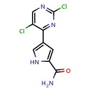 Chemical structure of 4-(2,5-Dichloro-4-pyrimidinyl)-1H-pyrrole-2-carboxamide , AChemBlock V150311