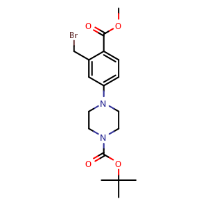 Chemical structure of Methyl 2-(Bromomethyl)-4-(4-Boc-1-piperazinyl)benzoate , CAS 2226300-89-4, AChemBlock V150352