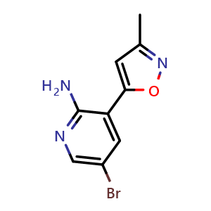 Chemical structure of 2-Amino-5-bromo-3-(3-methyl-5-isoxazolyl)pyridine , CAS 1821041-72-8, AChemBlock V150360