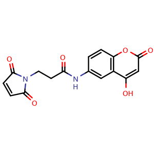 Chemical structure of 3-(2,5-Dioxo-2,5-dihydro-1H-pyrrol-1-yl)-N-(4-hydroxy-2-oxo-2H-chromen-6-yl)propanamide , AChemBlock V150373