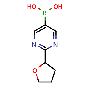 Chemical structure of 2-(Tetrahydro-2-furyl)pyrimidine-5-boronic Acid , CAS 2225152-46-3, AChemBlock V150375