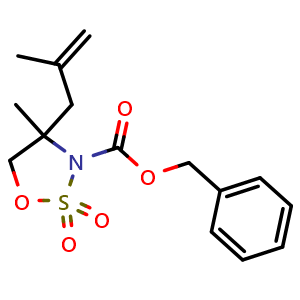 Chemical structure of Benzyl 4-Methyl-4-(2-methylallyl)-1,2,3-oxathiazolidine-3-carboxylate 2,2-Dioxide , CAS 1679371-04-0, AChemBlock V150411
