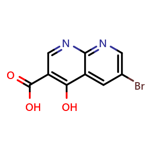 Chemical structure of 6-Bromo-4-hydroxy-1,8-naphthyridine-3-carboxylic Acid , CAS 1785272-38-9, AChemBlock V150520