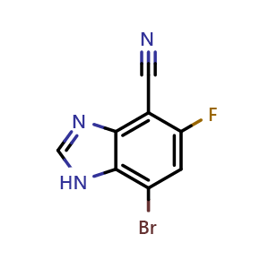 Chemical structure of 7-Bromo-5-fluoro-benzimidazole-4-carbonitrile , CAS 1807698-29-8, AChemBlock V150628