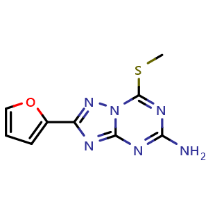 Chemical structure of 5-Amino-2-(2-furyl)-7-(methylthio)-[1,2,4]triazolo[1,5-a][1,3,5]triazine , CAS 146351-92-0, AChemBlock V150631