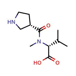Chemical structure of (R)-3-Methyl-2-[(S)-N-methylpyrrolidine-3-carboxamido]butanoic Acid , CAS 2845095-76-1, AChemBlock V150669