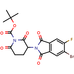 Chemical structure of 5-Bromo-2-(1-Boc-2,6-dioxo-3-piperidyl)-6-fluoroisoindoline-1,3-dione , AChemBlock V150703