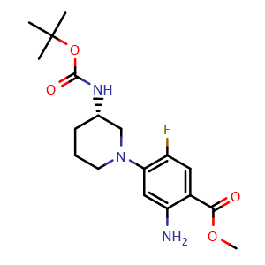 Chemical structure of Methyl (S)-2-Amino-4-[3-(Boc-amino)-1-piperidyl]-5-fluorobenzoate , CAS 2197029-53-9, AChemBlock V150710