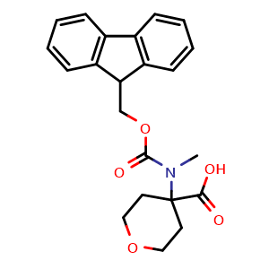 Chemical structure of 4-(Fmoc-N-methyl-amino)tetrahydropyran-4-carboxylic acid , CAS 1698161-95-3, AChemBlock V150828
