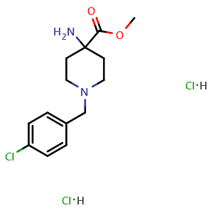 Chemical structure of Methyl 4-amino-1-(4-chlorobenzyl)piperidine-4-carboxylate dihydrochloride , CAS 1210494-26-0, AChemBlock V151035
