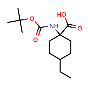 Chemical structure of N-Boc-1-amino-4-ethylcyclohexanecarboxylic acid , CAS 1097135-66-4, AChemBlock V151276