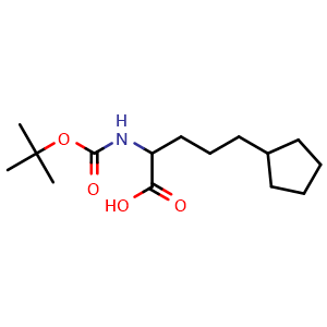 Chemical structure of 2-(Boc-amino)-5-cyclopentylpentanoic acid , CAS 2351858-59-6, AChemBlock V151517