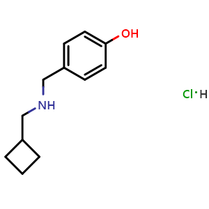 Chemical structure of N-(4-Hydroxybenzyl)cyclobutanemethanamine hydrochloride , CAS 1096278-26-0, AChemBlock V151721