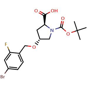 Chemical structure of (4R)-1-Boc-4-(4-bromo-2-fluorobenzyloxy)-L-proline , CAS 1039362-12-3, AChemBlock V152023