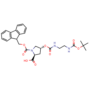 Chemical structure of (4R)-1-Fmoc-4-[[[(2-Boc-amino-ethyl)amino]carbonyl]oxy]-L-proline , CAS 187223-15-0, AChemBlock V152796