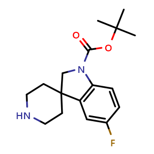 Chemical structure of tert-butyl 5-fluorospiro[2H-indole-3,4'-piperidine]-1-carboxylate , CAS 858351-47-0, AChemBlock V153055