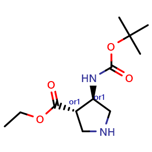 Chemical structure of ethyl trans-4-(tert-butoxycarbonylamino)pyrrolidine-3-carboxylate , CAS 2306247-46-9, AChemBlock V153103