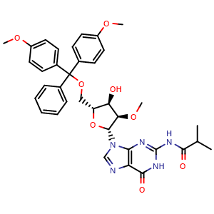 Chemical structure of N2-isobutyryl-5'-O-(4, 4'-dimethoxytrityl)-2'-O-methyl-Guanosine , CAS 114745-26-5, AChemBlock V153199